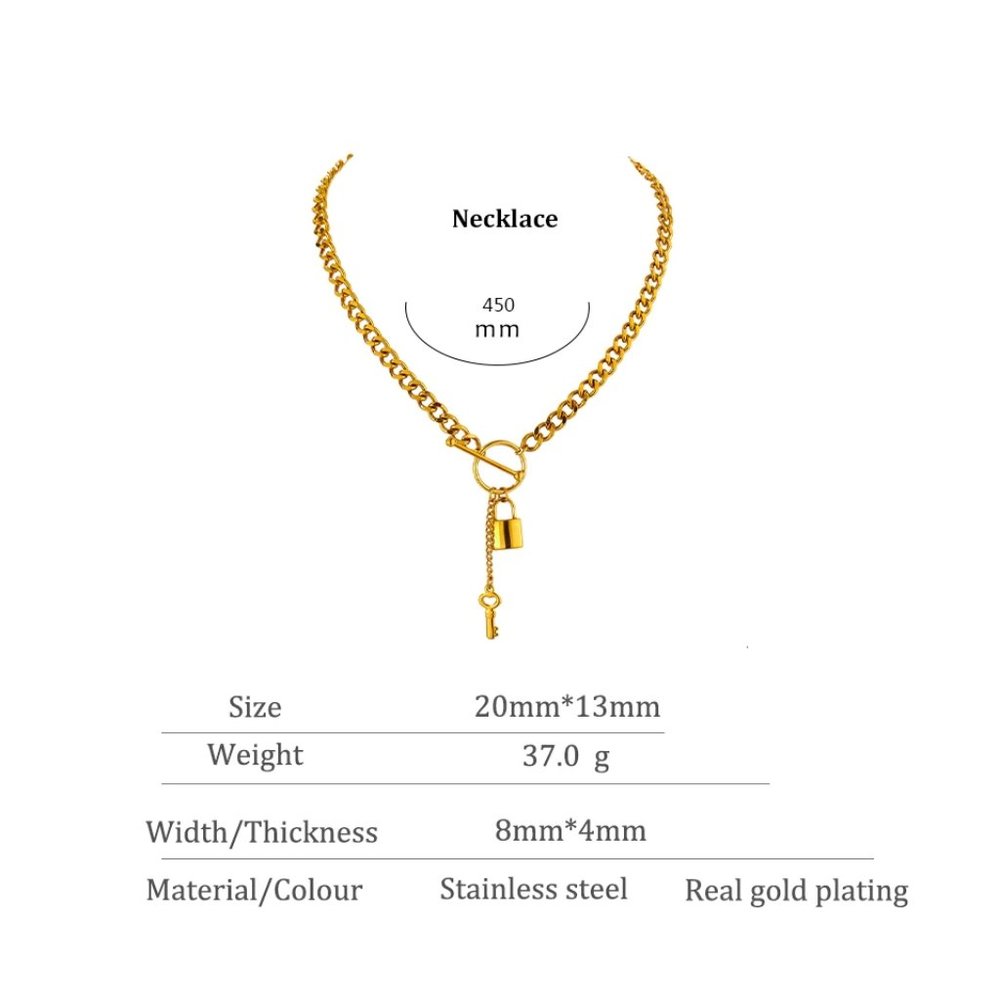 NEW 18K Gold Plated Lock Key Toggle Circle Bar Chunky Link Chain Necklace - Picture 4 of 5